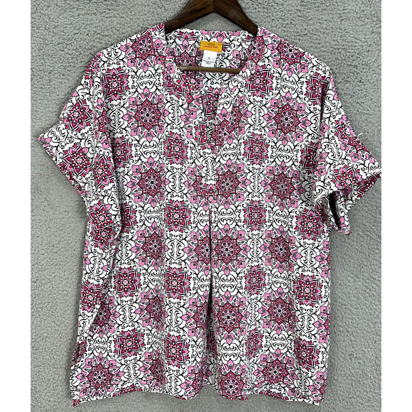 Ruby Rd Top Womens Large Pink‎ Medallion Geometric Short Sleeve Oversized Boho - Picture 1 of 7